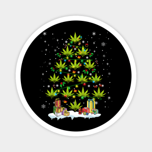 Funny Cannabis Christmas Tree with Lights and Holiday Gifts Art Magnet